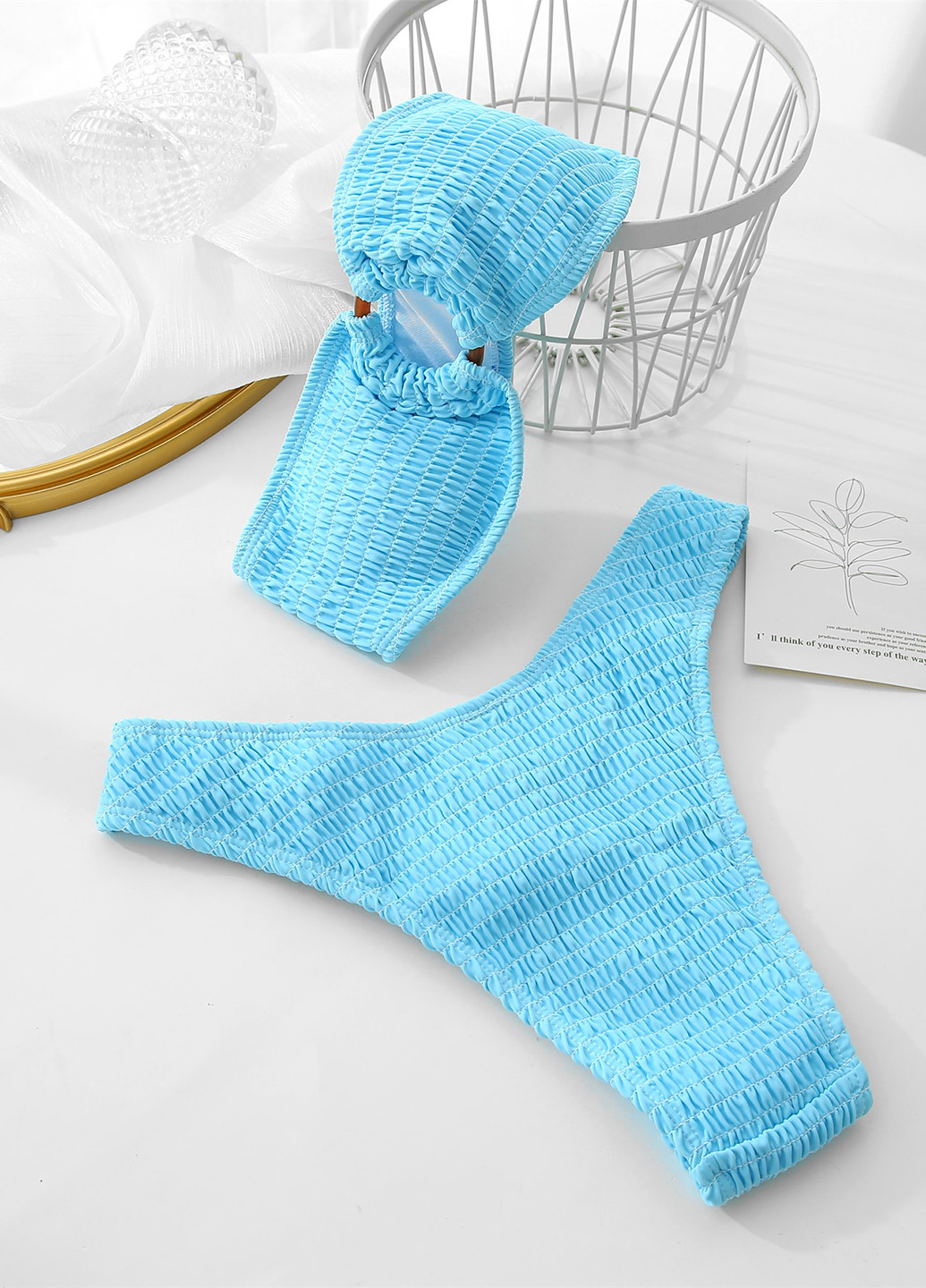 Голубой летний купальник (лиф, трусики) бандо, раздельный SHEIN