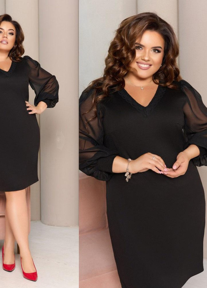 Чорна трикотажне жіноче плаття з шифоновими рукавами чорного кольору р.56/58 381943 New Trend