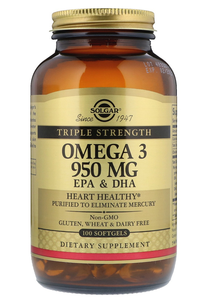 Риб'ячий Жир, Омега 3 (Omega-3 EPA, DHA), 950 мг, Потрійна Сила,, 100 желатинових капсул Solgar (225714689)