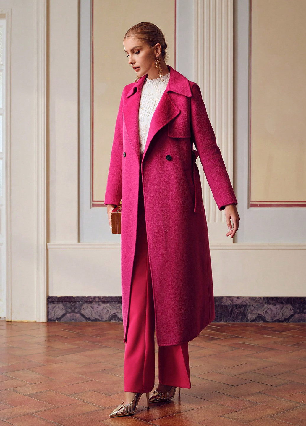 Фуксинове (колору Фукія) демісезонне Пальто двобортне SHEIN