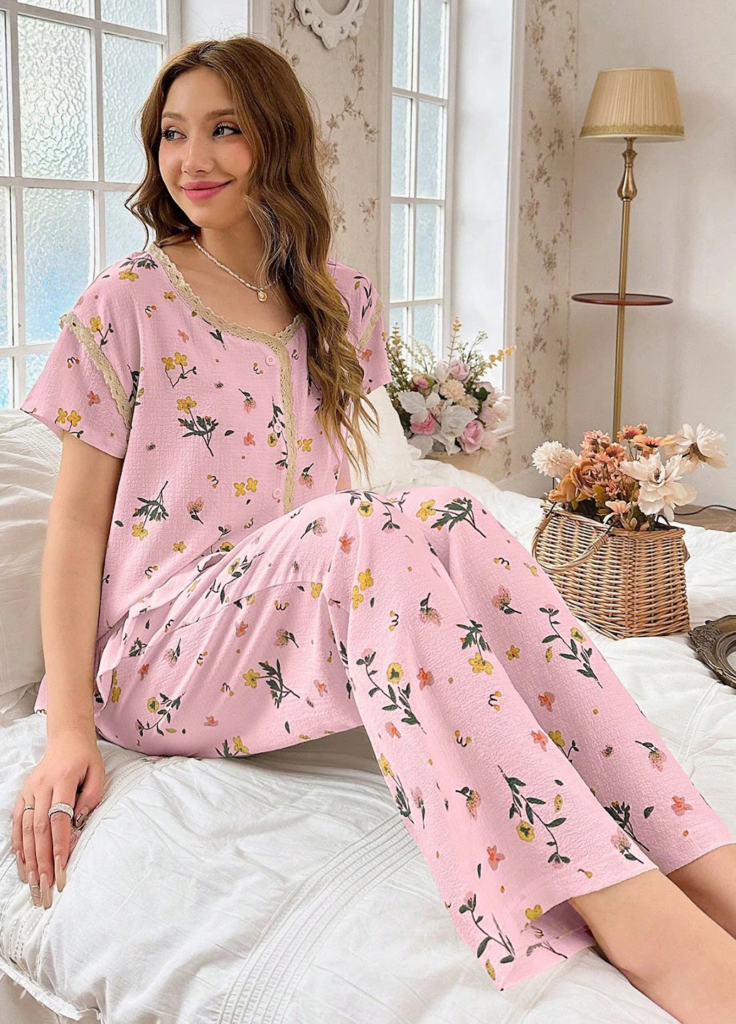Светло-розовая всесезон пижама (рубашка, брюки) рубашка + брюки SHEIN