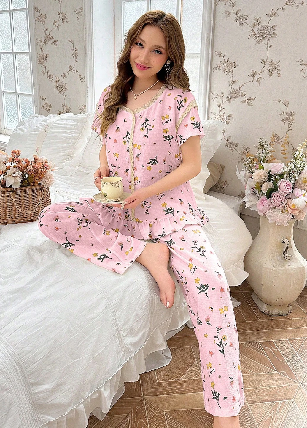 Светло-розовая всесезон пижама (рубашка, брюки) рубашка + брюки SHEIN
