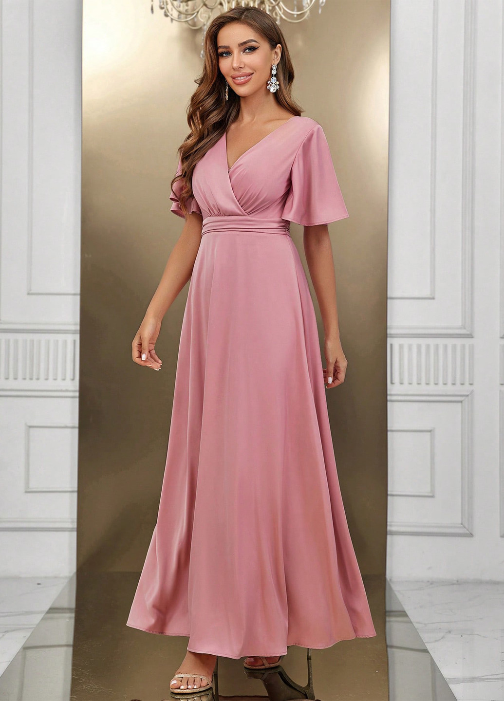 Светло-розовое праздничный, вечернее платье клеш, в стиле ампир SHEIN однотонное