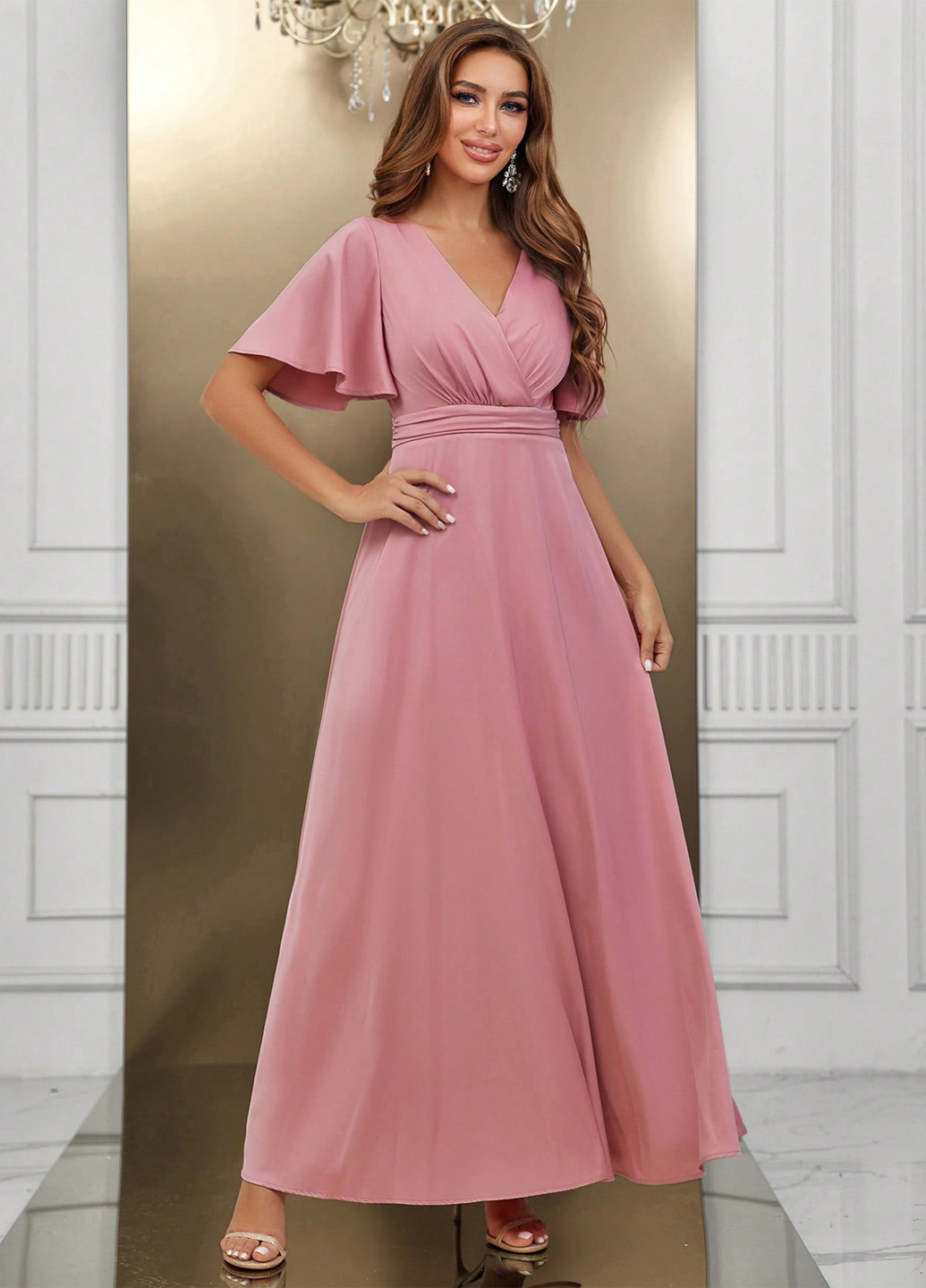 Светло-розовое праздничный, вечернее платье клеш, в стиле ампир SHEIN однотонное