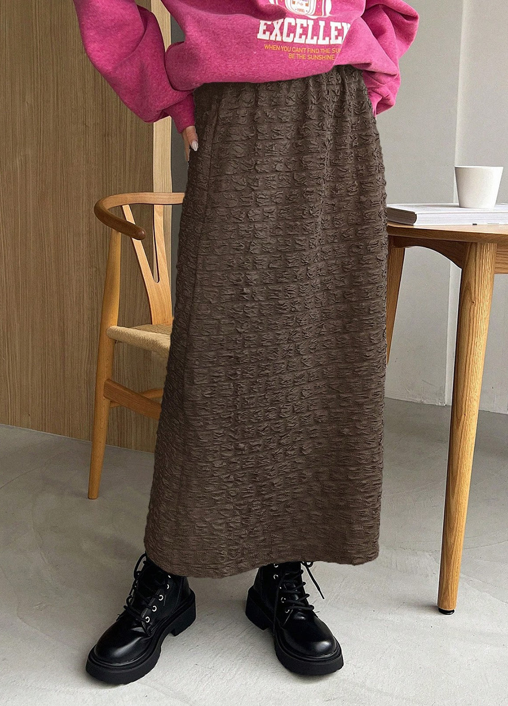 Коричневая кэжуал однотонная юбка SHEIN а-силуэта (трапеция)