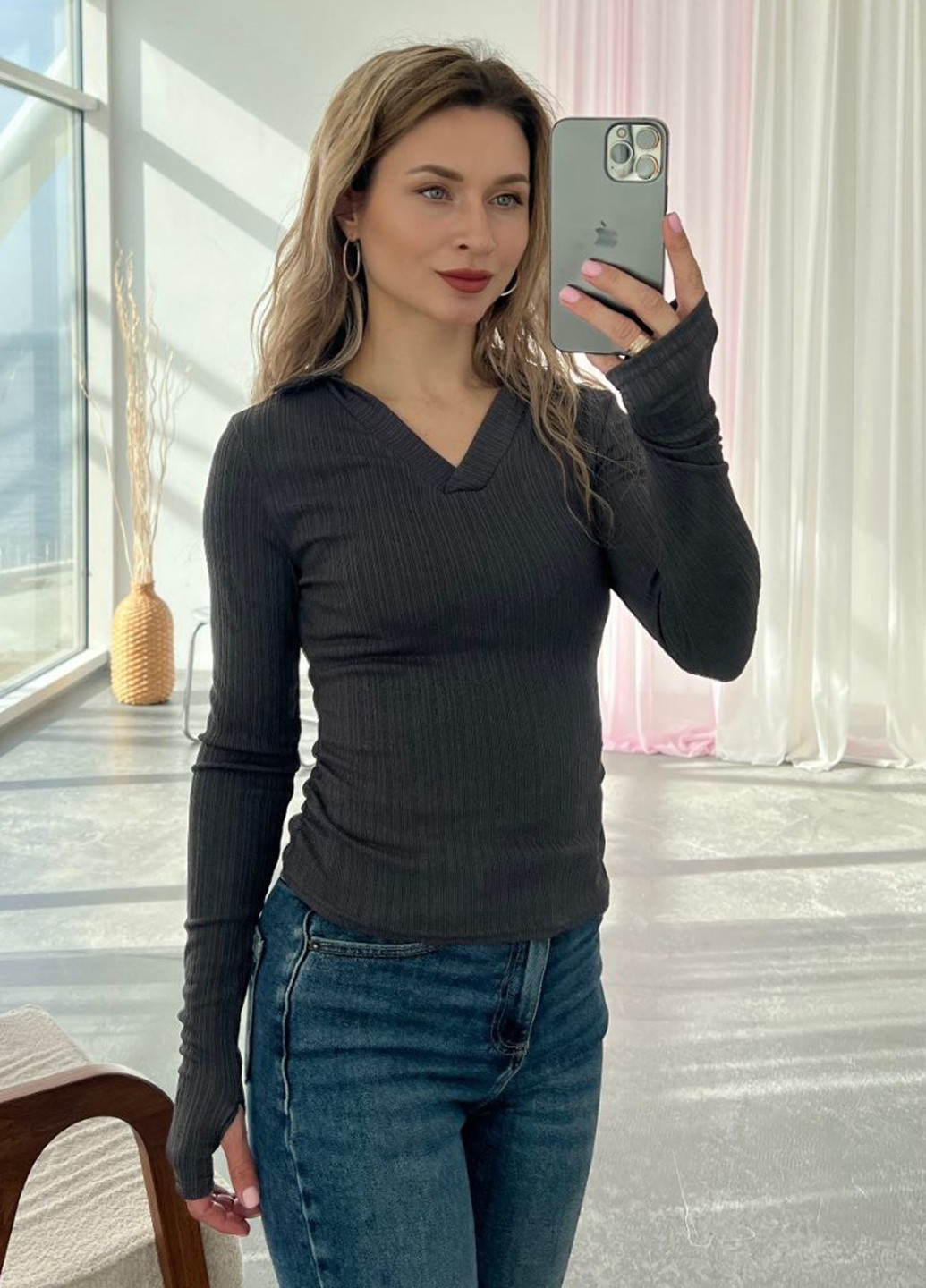 Темно-серая женская футболка-поло No Brand однотонная