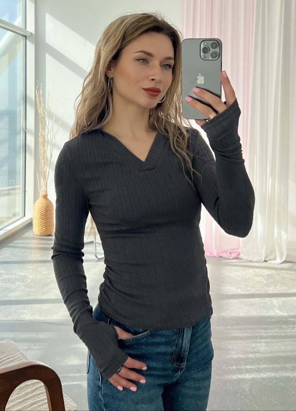 Темно-серая женская футболка-поло No Brand однотонная