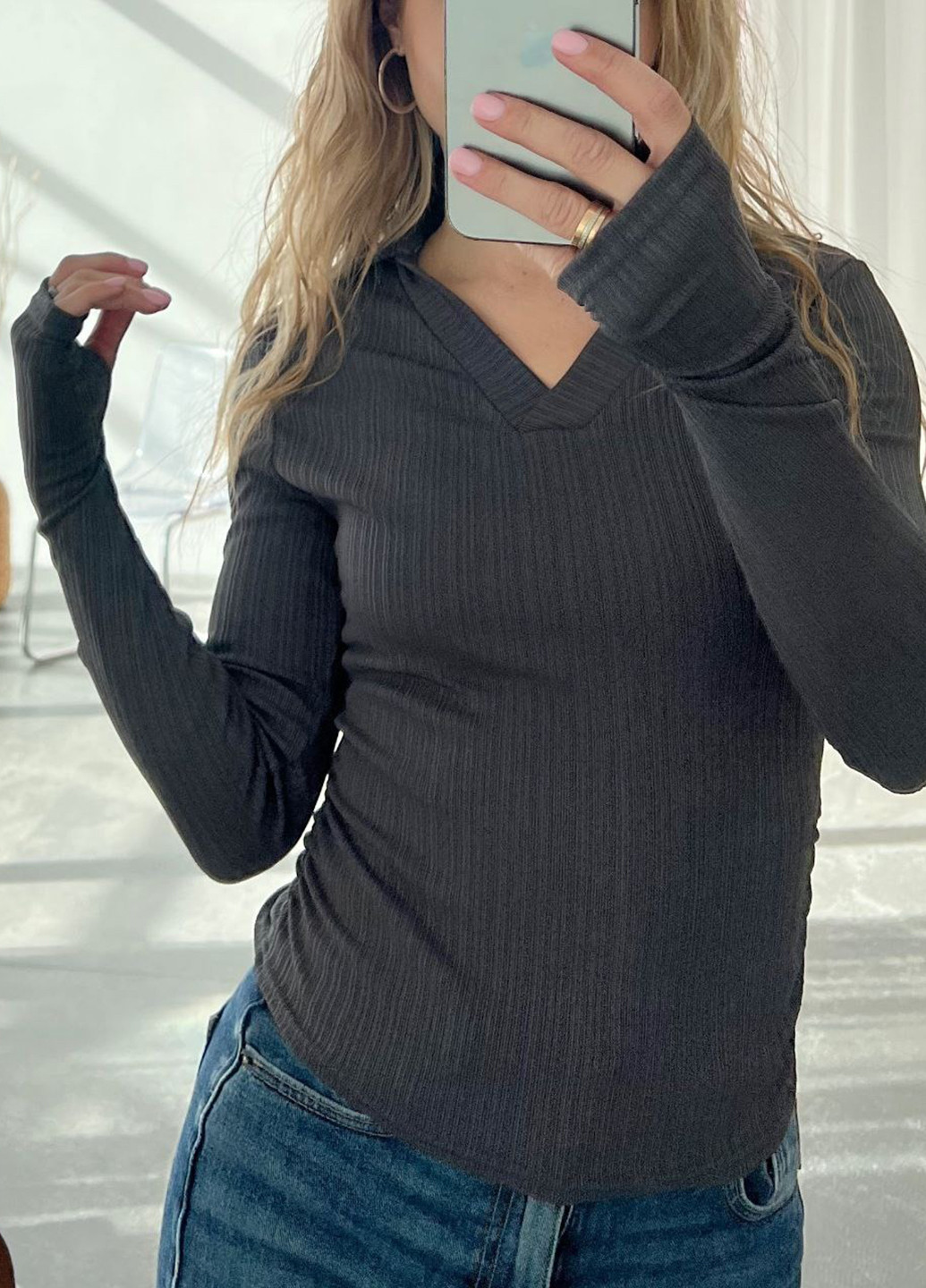 Темно-серая женская футболка-поло No Brand однотонная