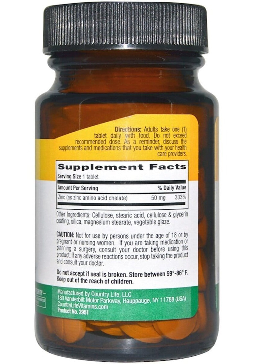 Хелатный Цинк,, 50 мг, 100 таблеток Country Life (228292167)