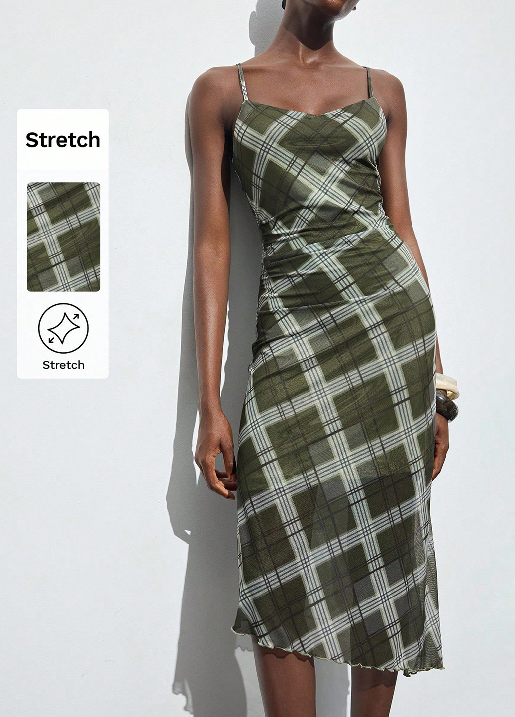 Оливковое (хаки) кэжуал платье с открытыми плечами SHEIN в клетку