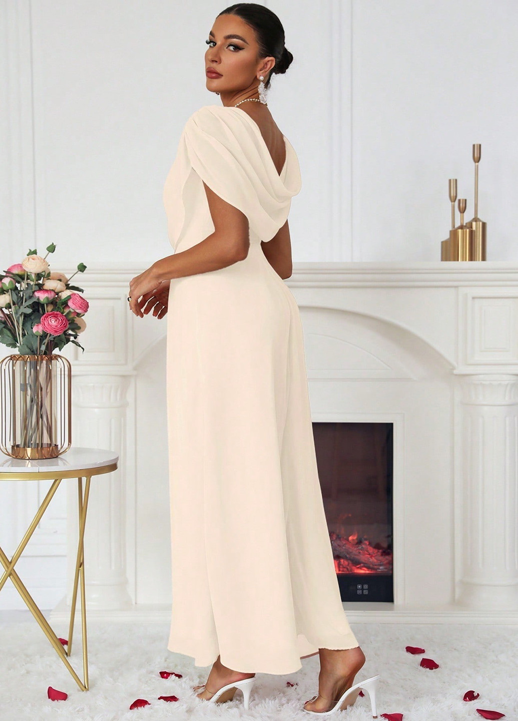 Кремовое коктейльное, вечернее платье клеш SHEIN однотонное