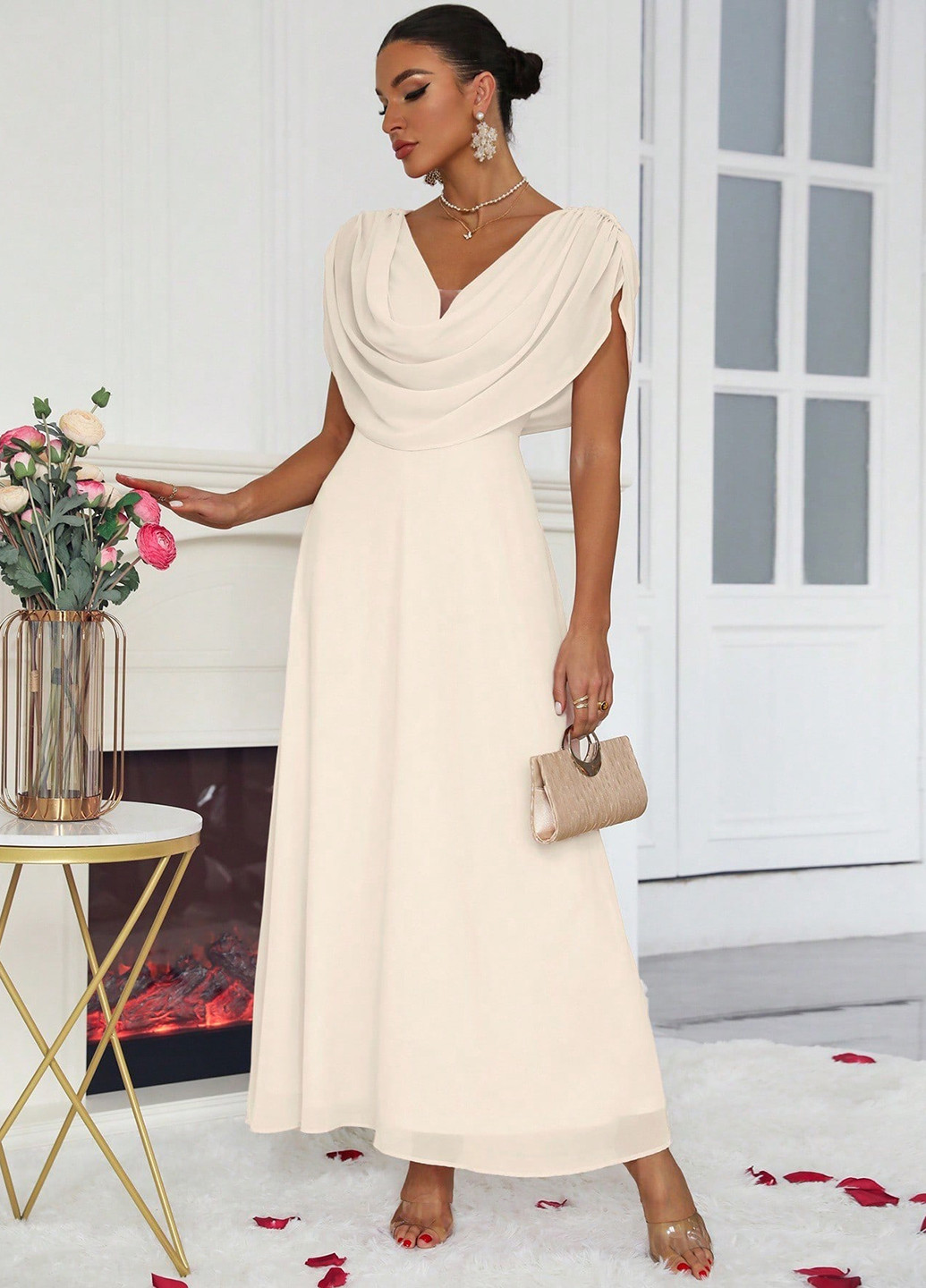 Кремовое коктейльное, вечернее платье клеш SHEIN однотонное