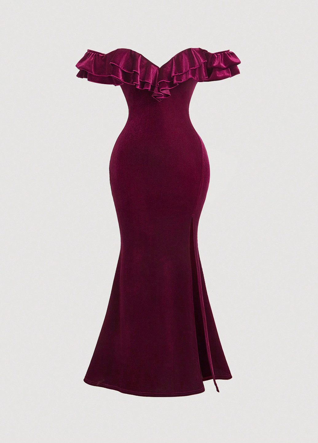 Бордовое вечернее платье с открытыми плечами, годе SHEIN однотонное