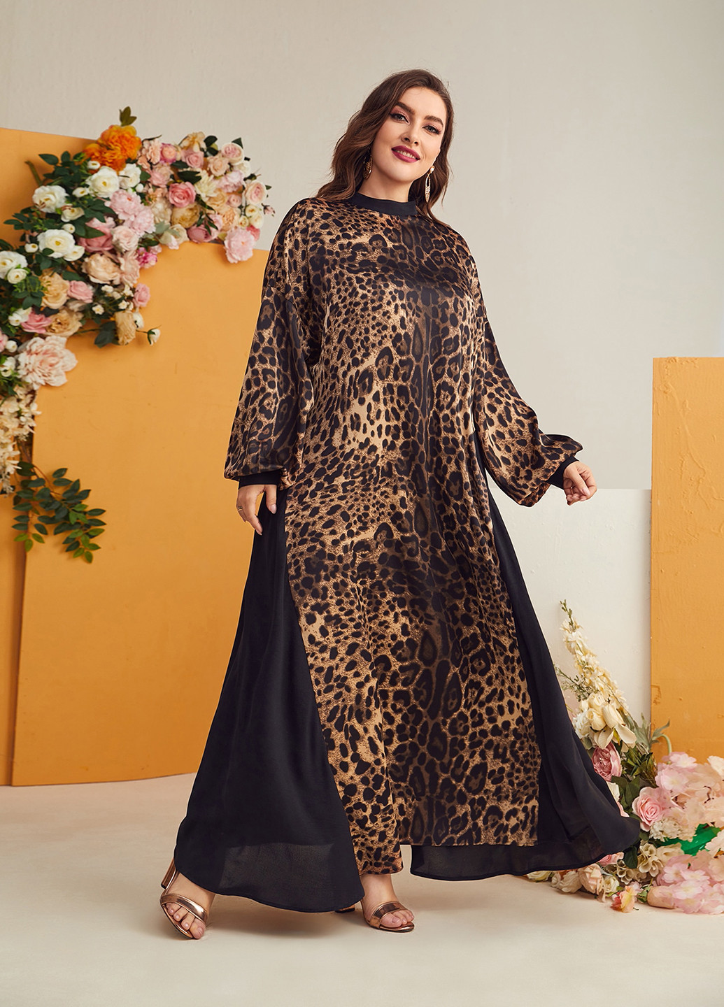 Коричневое вечернее платье а-силуэт SHEIN леопардовый