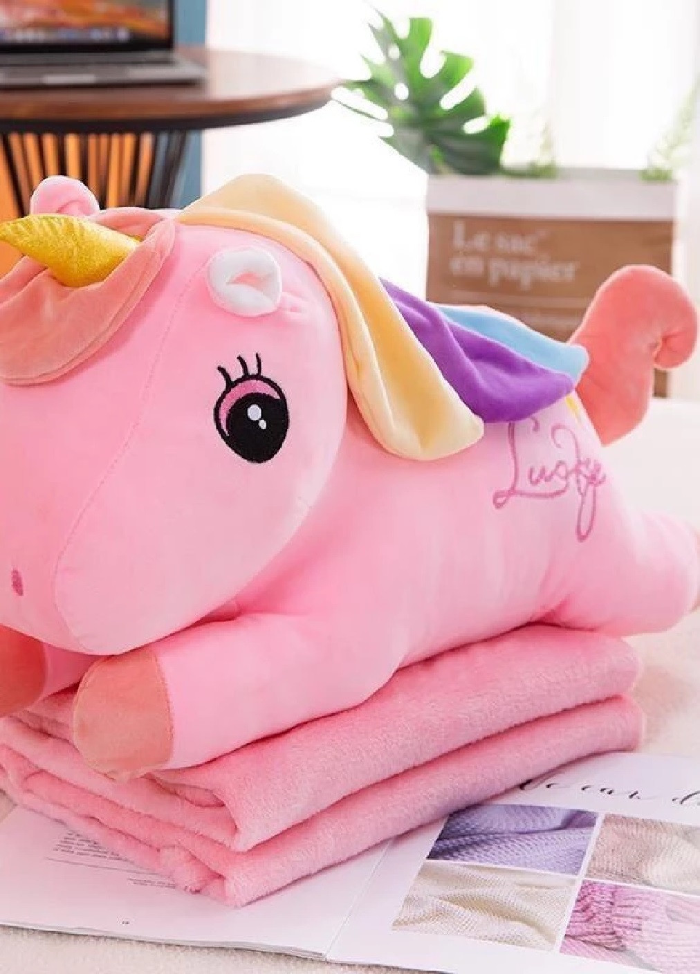 Дитяча м'яка іграшка плед подушка трансформер 3 в 1 (473707-Prob) Рожевий єдиноріг Unbranded (256186063)
