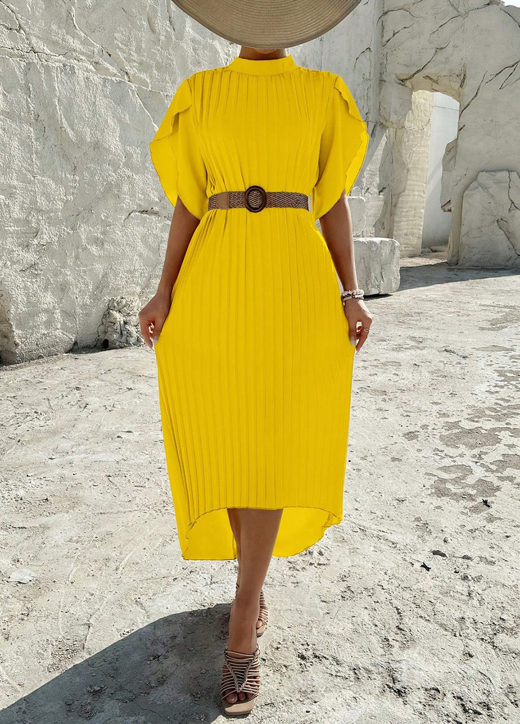Горчичное кэжуал платье плиссированное SHEIN однотонное