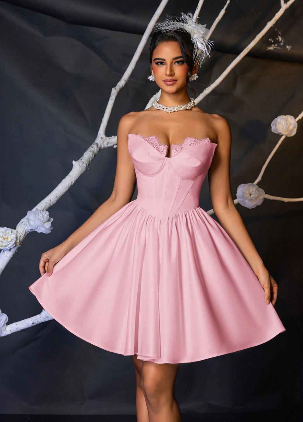 Светло-розовое праздничный, коктейльное платье с корсетом SHEIN однотонное