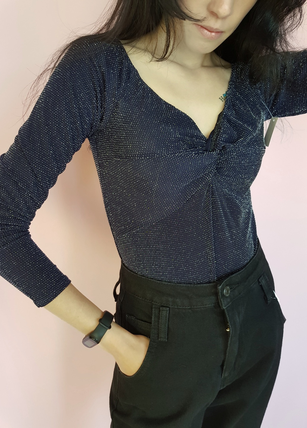 Боди-блуза с люрексом Темно-синий Boohoo (255614653)