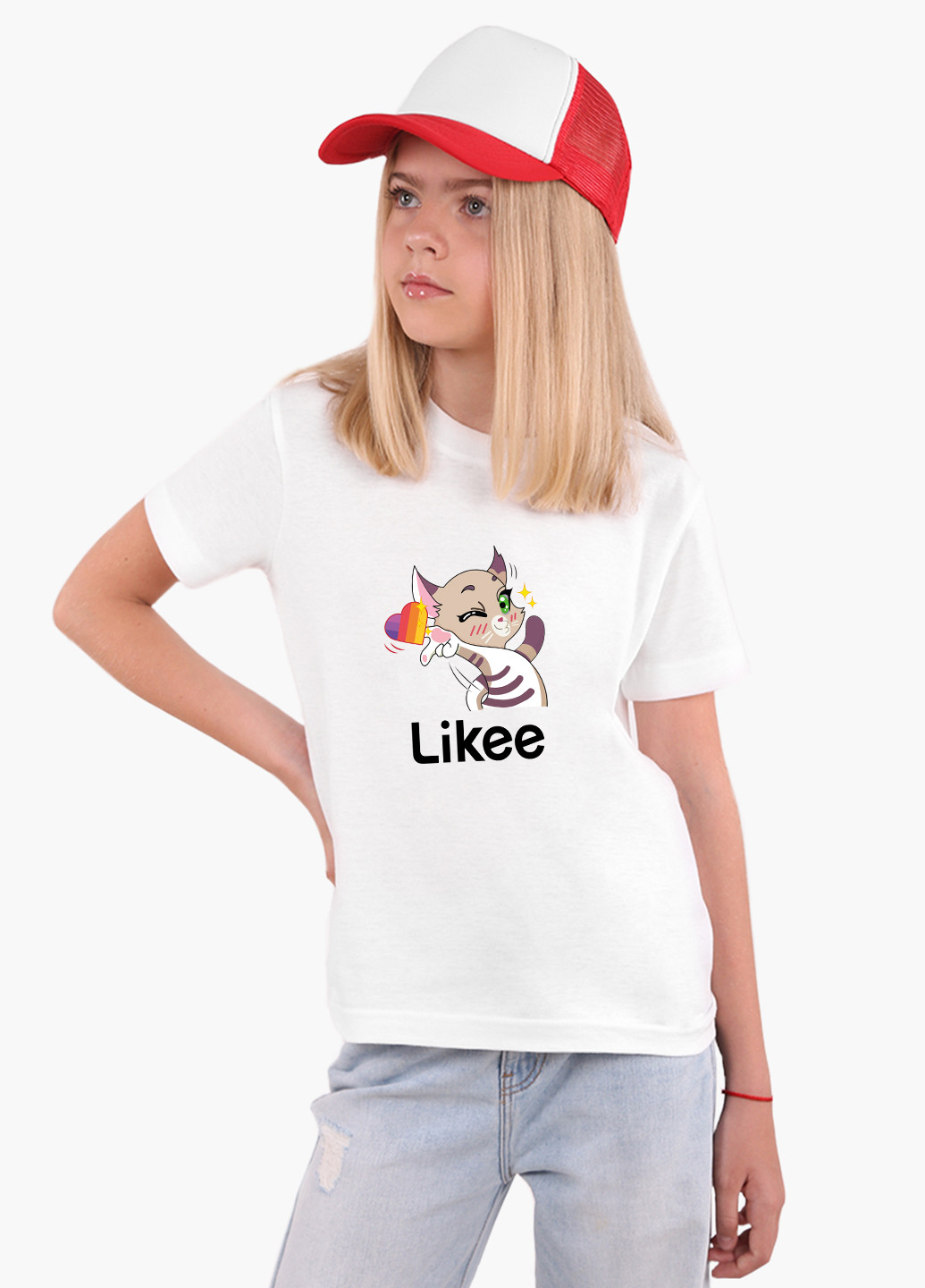 Біла демісезонна футболка дитяча лайк котик (likee cat) білий (9224-1032) 164 см MobiPrint