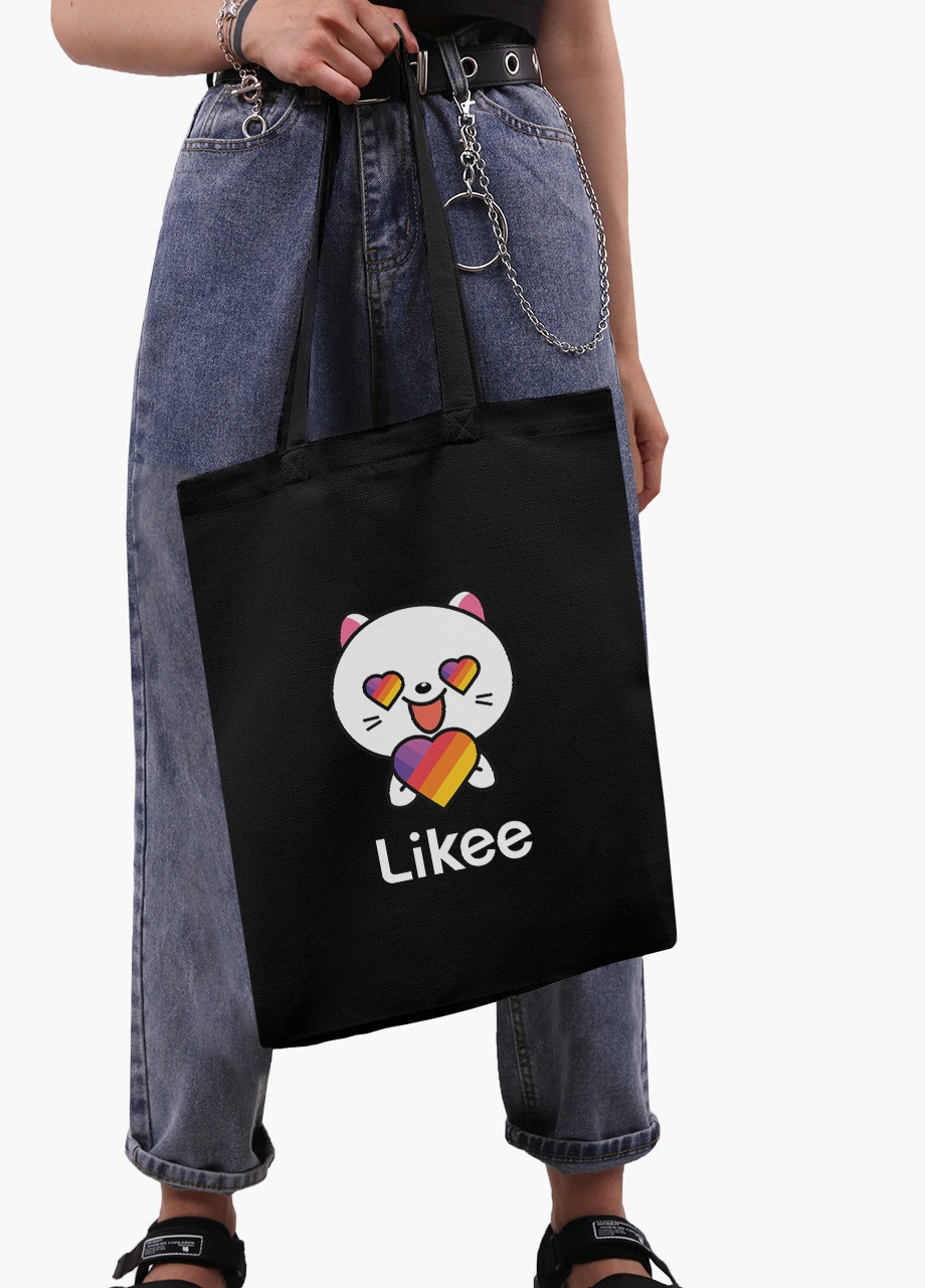 Эко сумка шоппер черная Лайк Котик (Likee Cat) (9227-1036-BK) экосумка шопер 41*35 см MobiPrint (216642084)