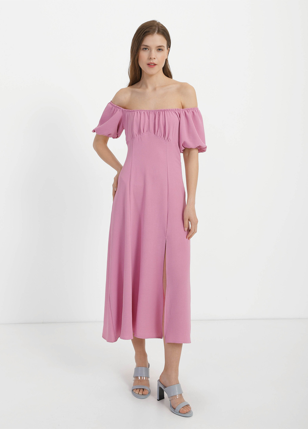 Рожева кежуал сукня в стилі армпір, з відкритими плечима Braska однотонна