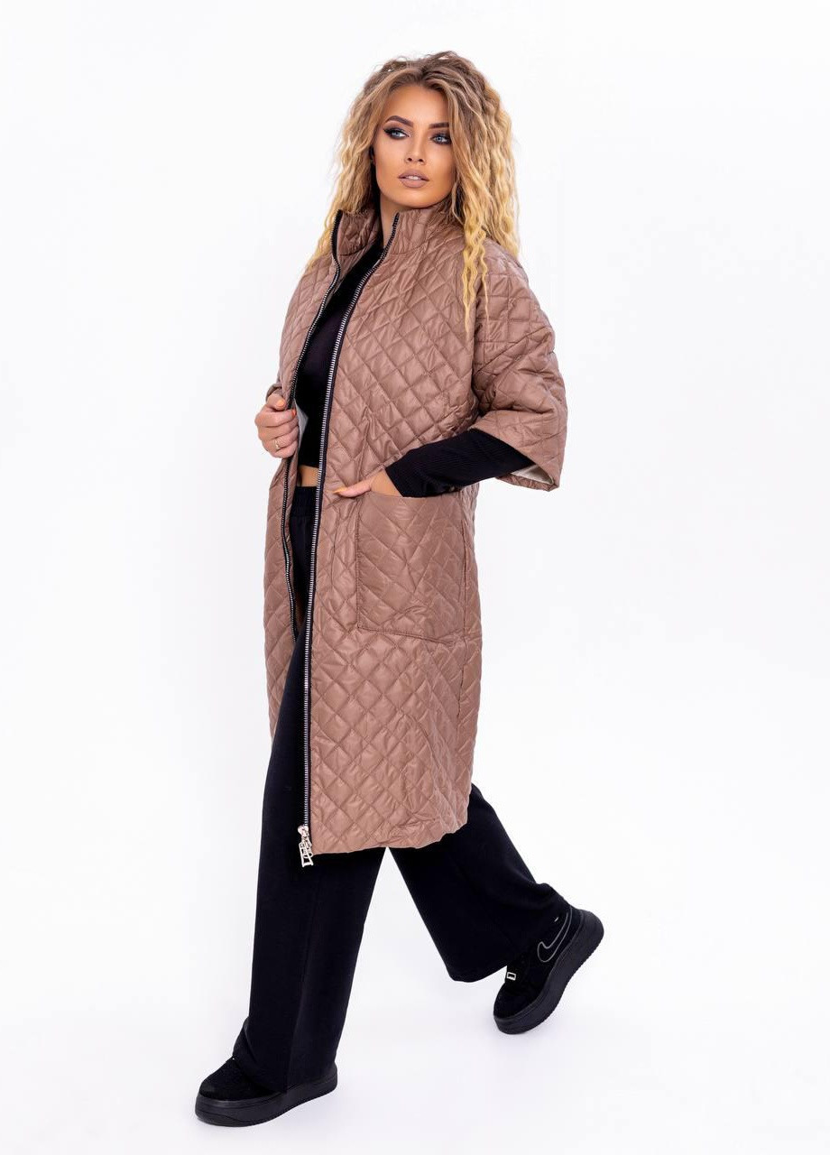Темно-бежевое Женская куртка-пальто из плащевки цвет капучино р.48 358123 New Trend