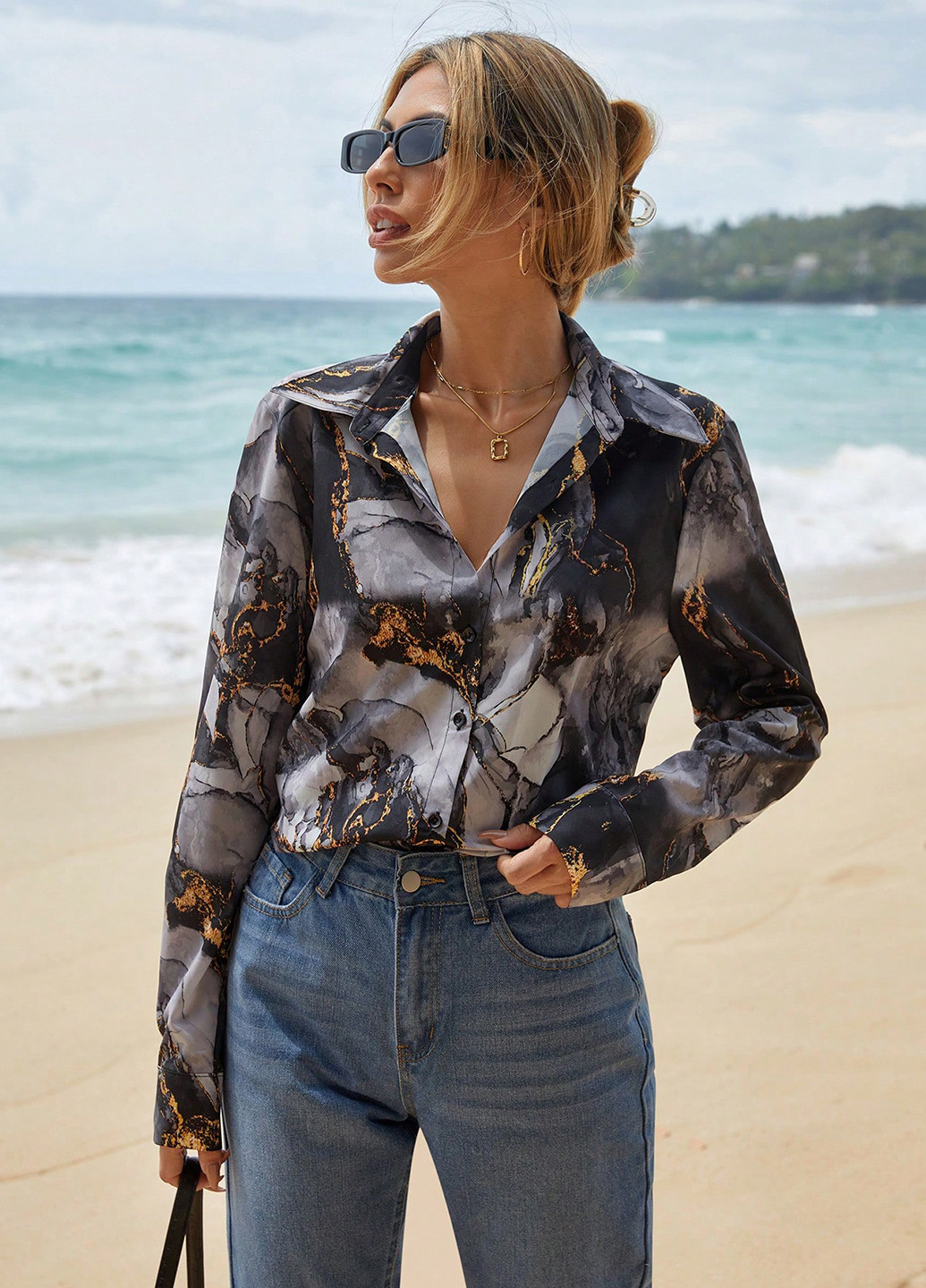 Серая праздничный, классическая, кэжуал рубашка с абстрактным узором SHEIN