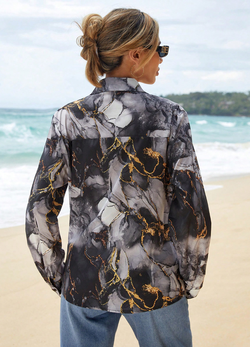 Серая праздничный, классическая, кэжуал рубашка с абстрактным узором SHEIN