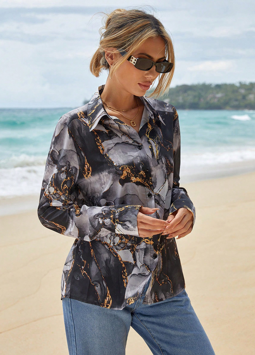 Серая праздничный, классическая, кэжуал рубашка с абстрактным узором SHEIN