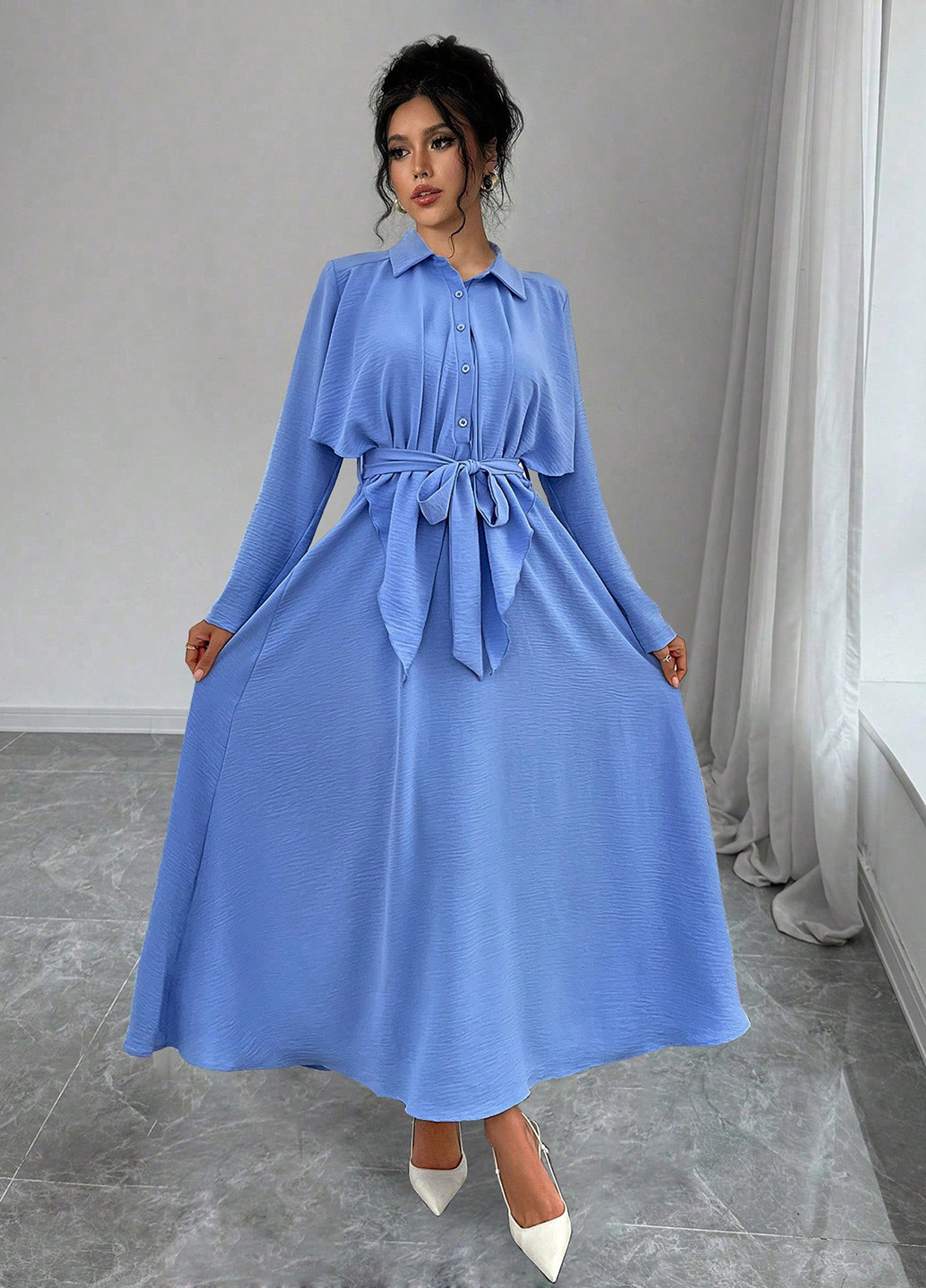 Темно-голубое кэжуал платье рубашка SHEIN однотонное