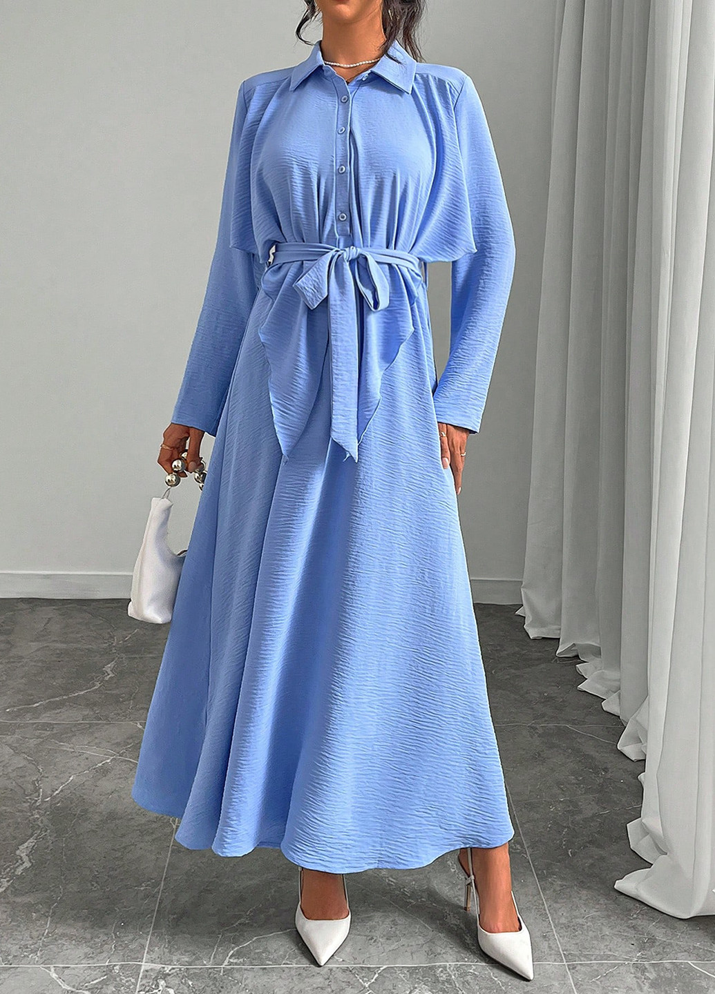 Темно-голубое кэжуал платье рубашка SHEIN однотонное