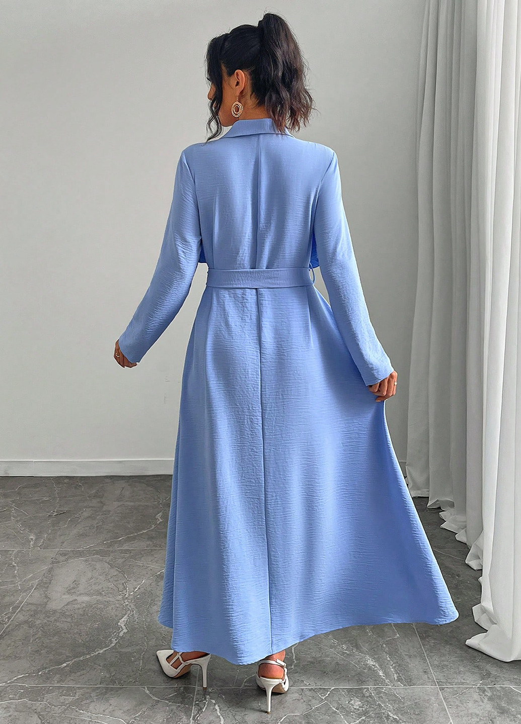 Темно-голубое кэжуал платье рубашка SHEIN однотонное