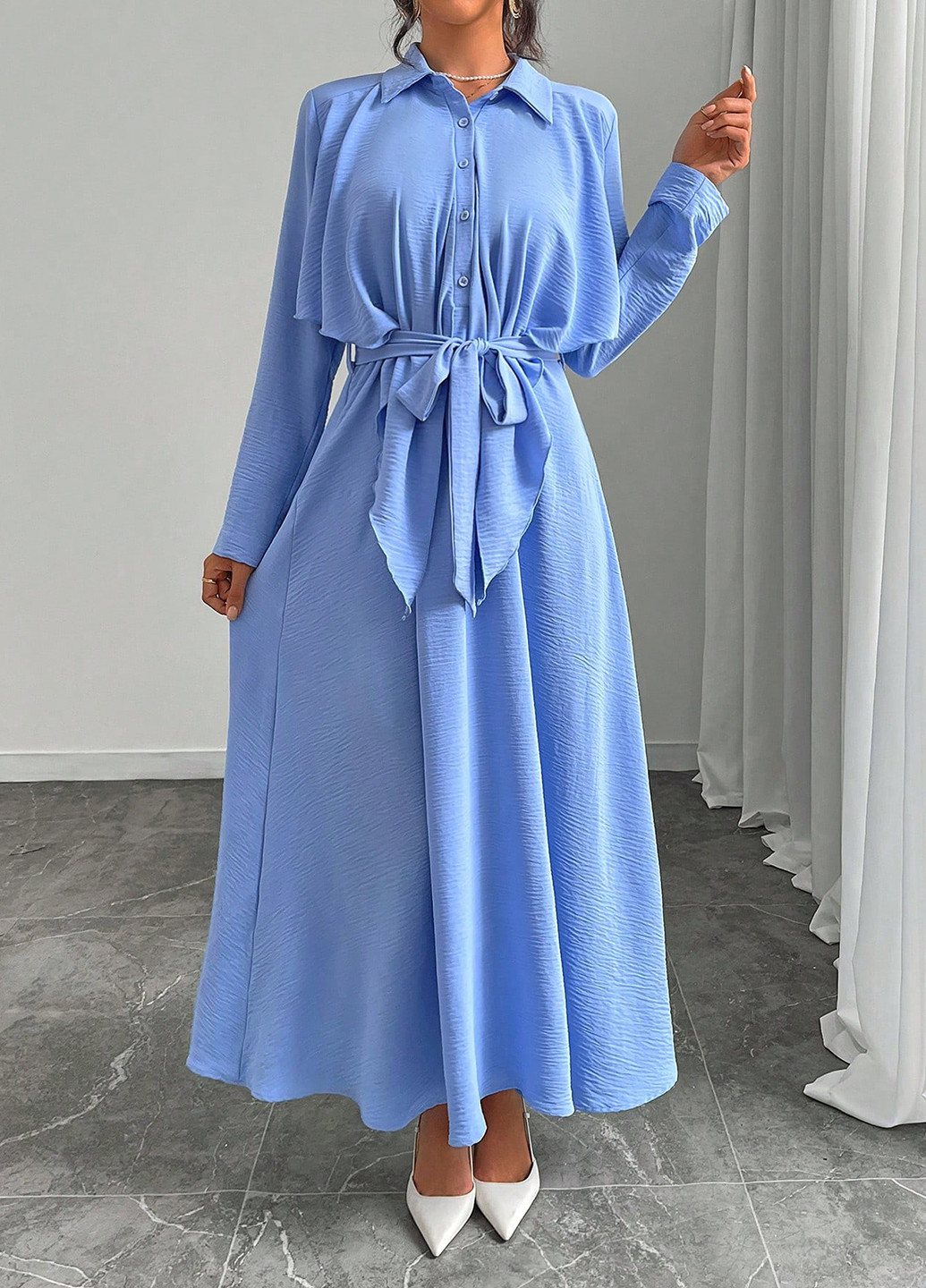 Темно-голубое кэжуал платье рубашка SHEIN однотонное