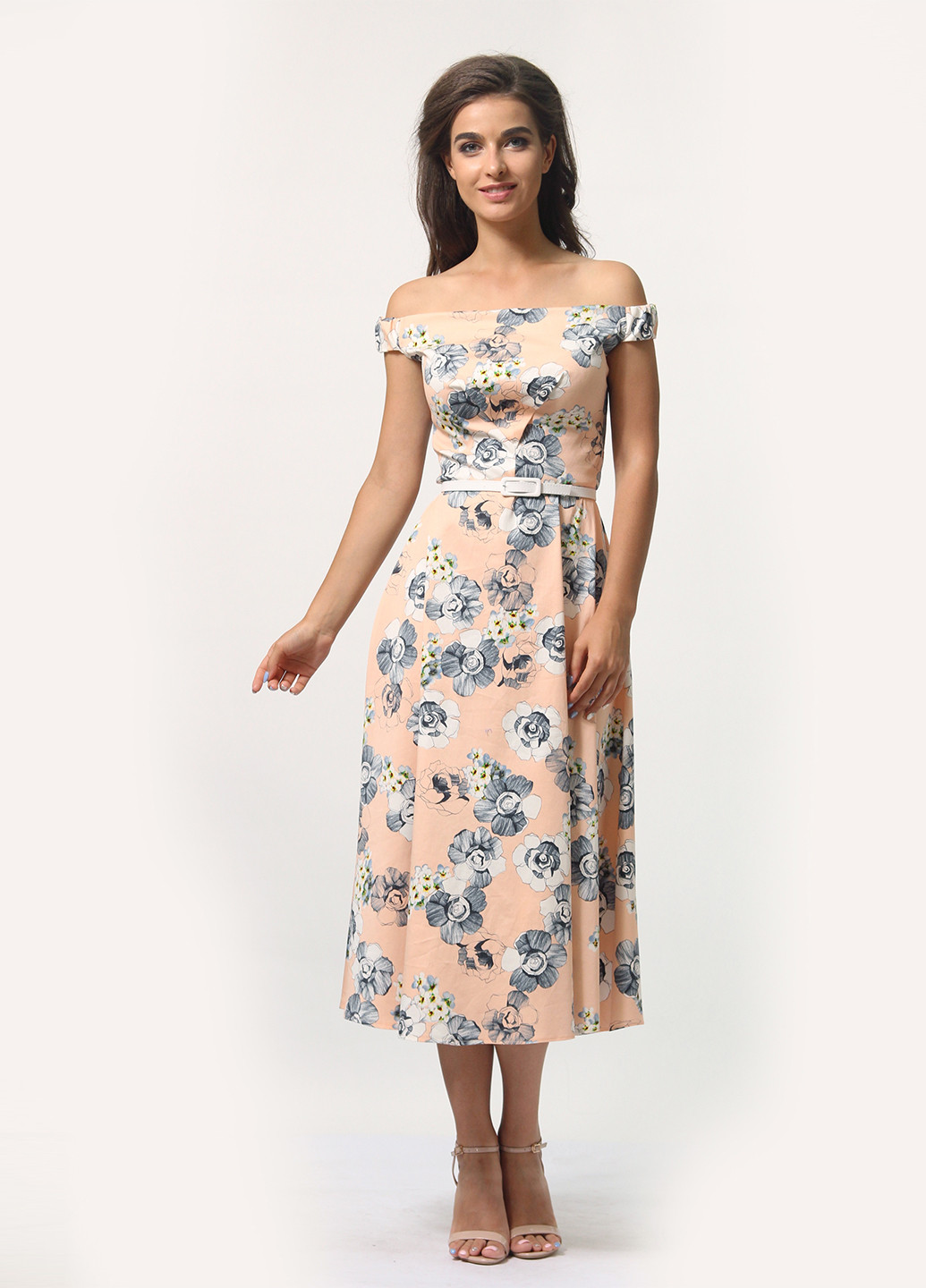 Персиковое кэжуал платье клеш Agata Webers с цветочным принтом