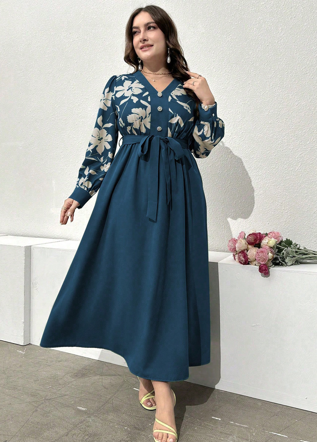 Морської хвилі кежуал сукня а-силует SHEIN з квітковим принтом