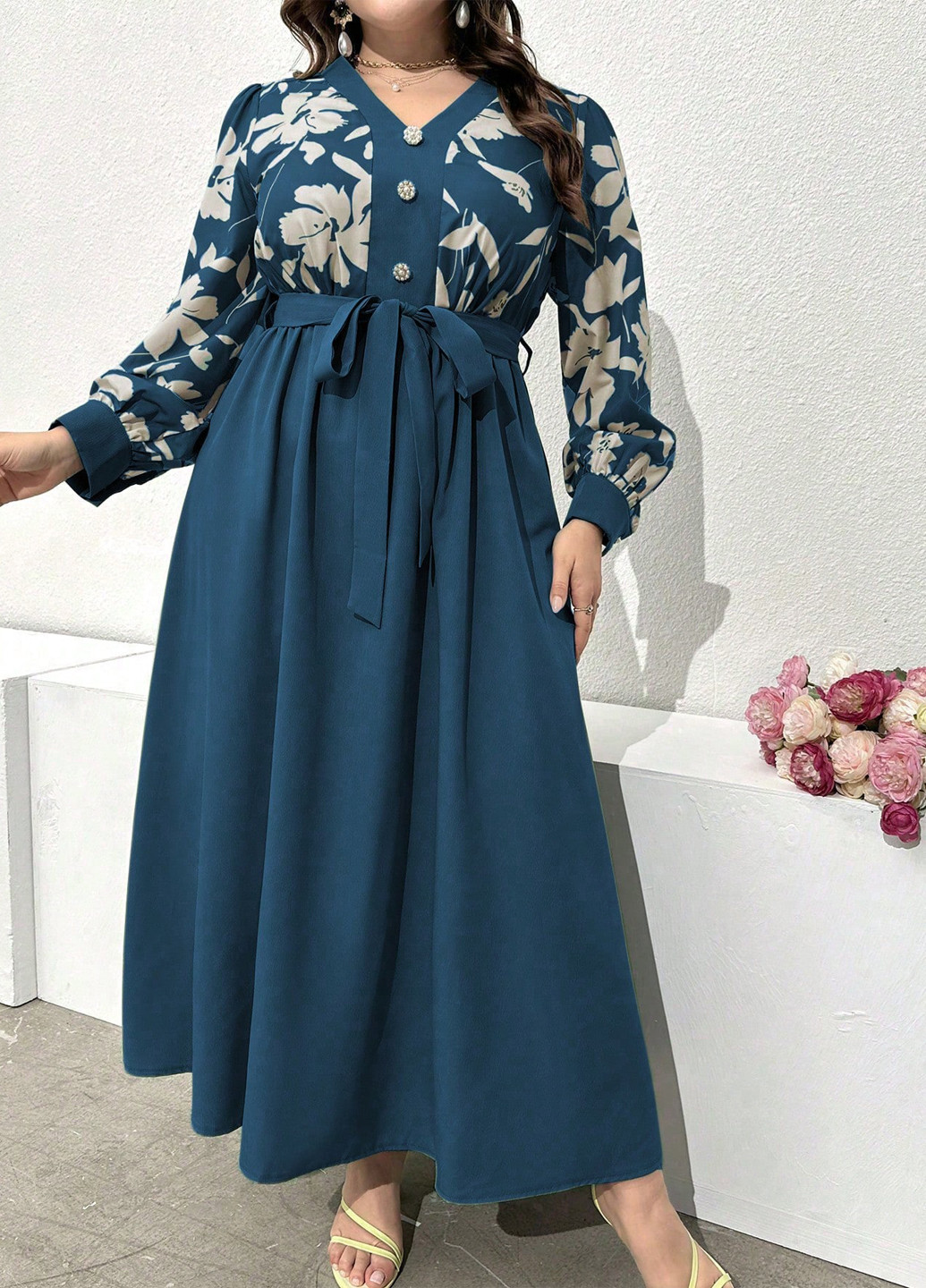 Морської хвилі кежуал сукня а-силует SHEIN з квітковим принтом