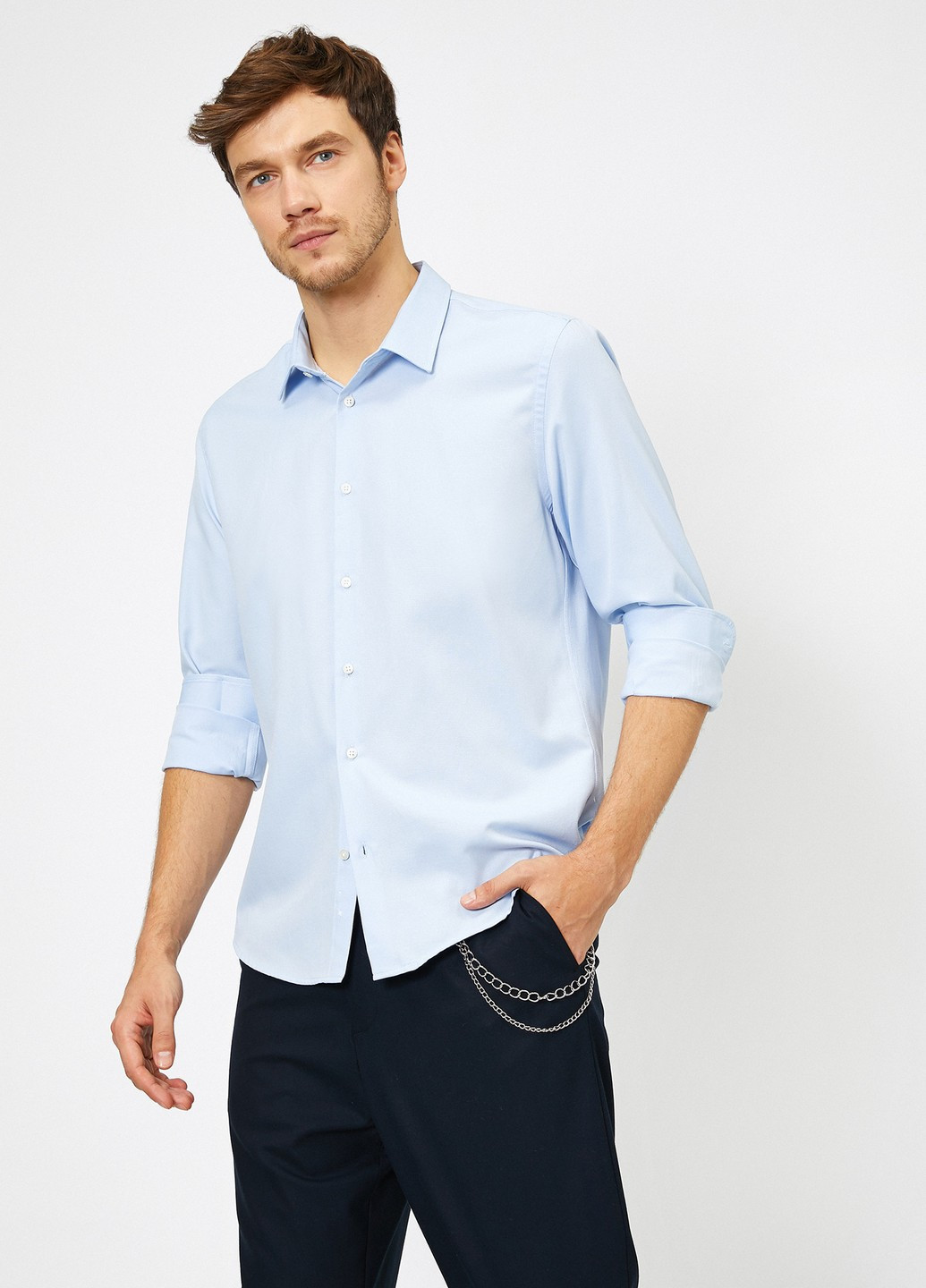 Голубой классическая рубашка однотонная KOTON