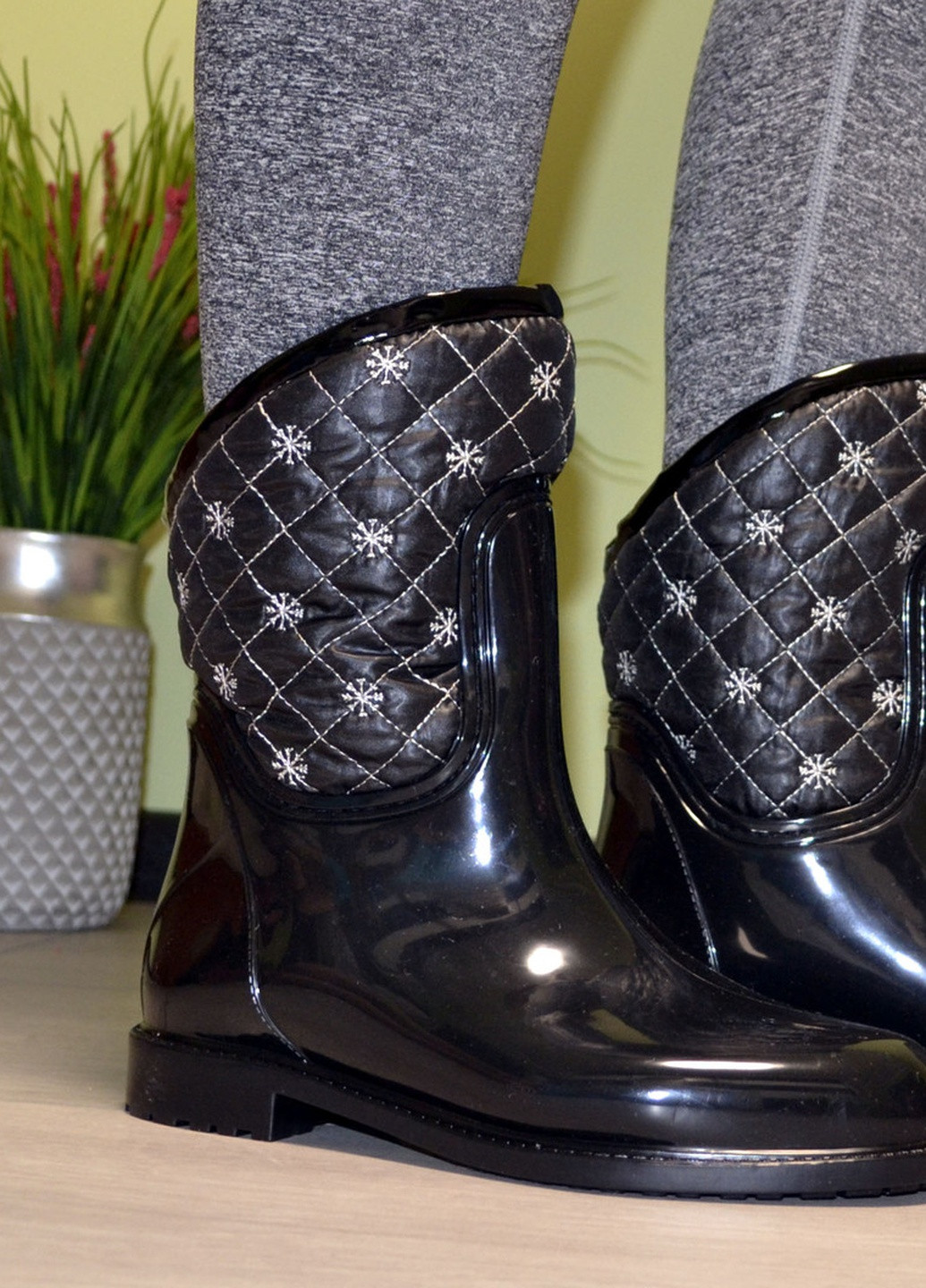 Черные сапоги резиновые женские силиконовые черные на флисе W-Shoes