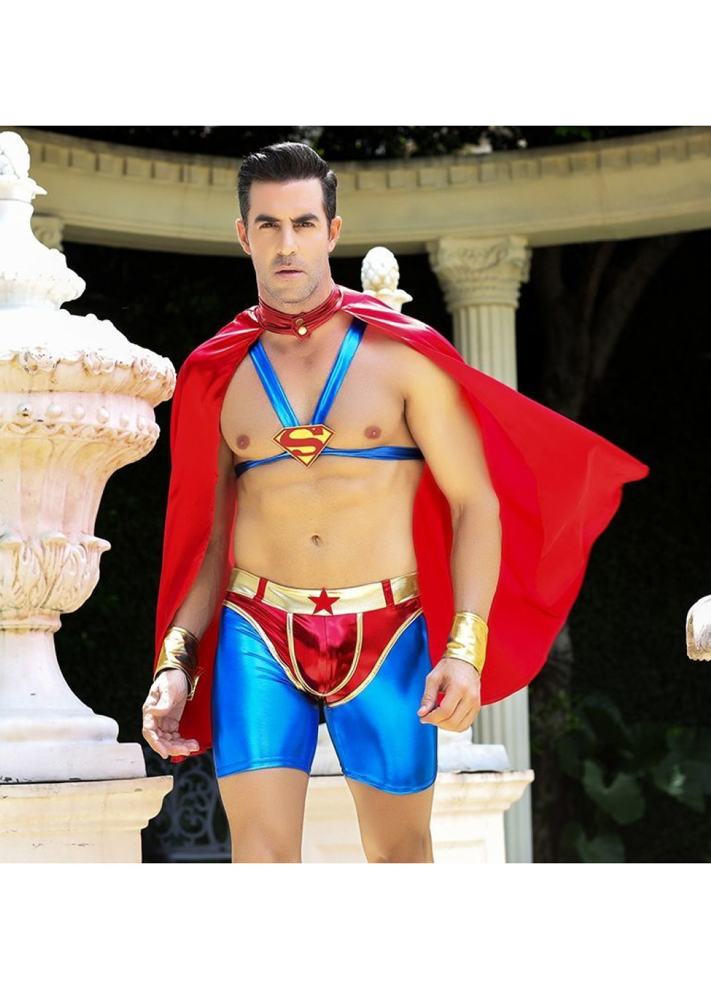 Комбинированный демисезонный мужской эротический костюм супермена "готовый на всё стив" s/m: плащ, портупея, шорты, манжеты JSY