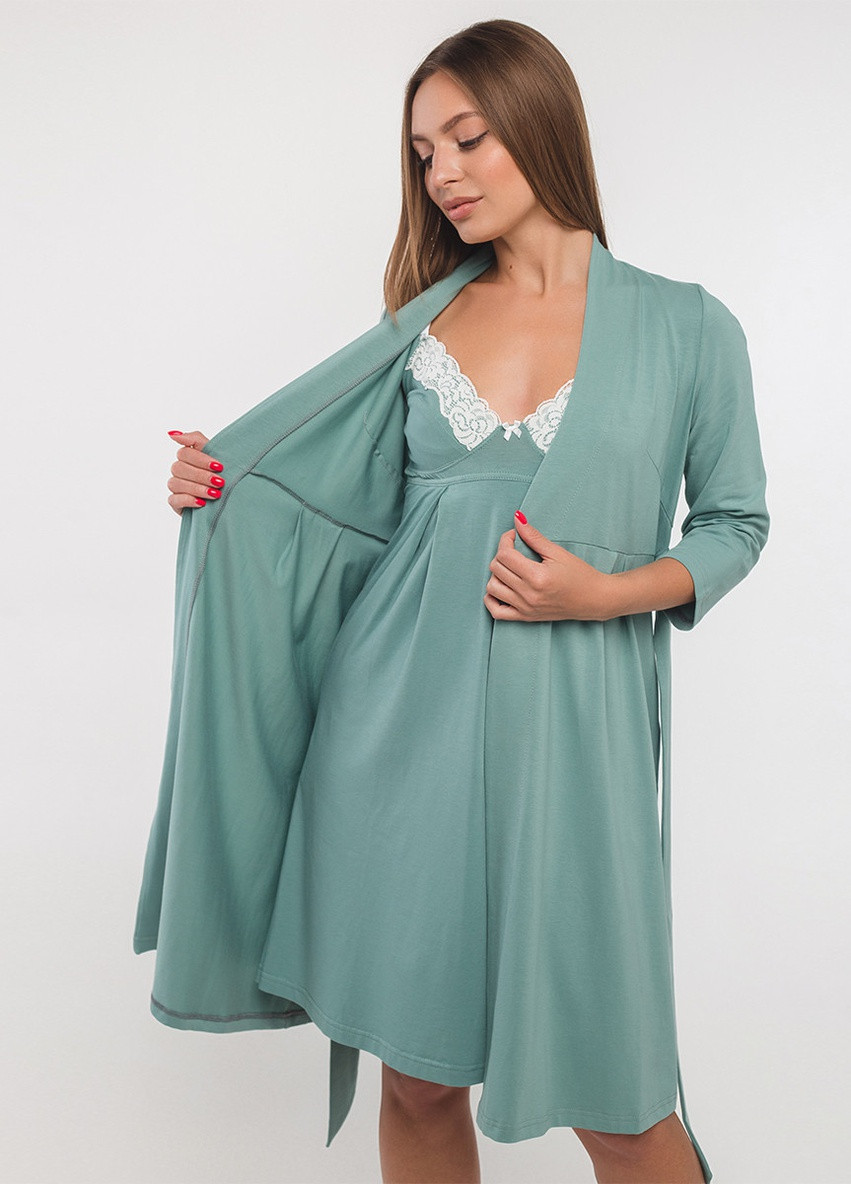 Хлопковый бирюзовый халат для беременных и кормящих мам с поясом рукав 3/4 Мамин Дом (252597520)