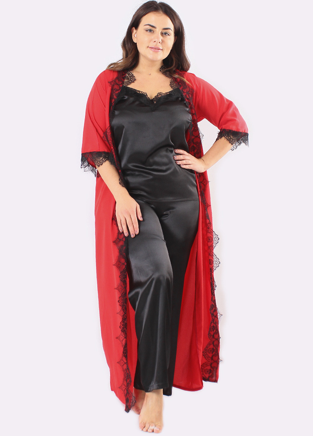 Червоний демісезонний комплект (топ, брюки, халат) Ghazel