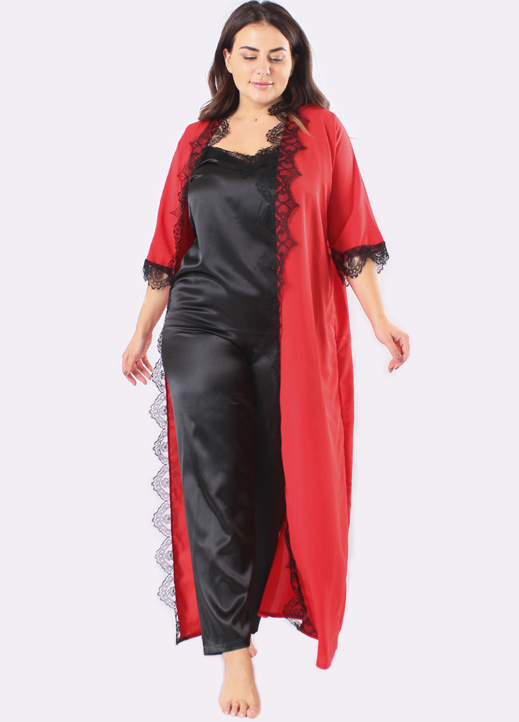 Червоний демісезонний комплект (топ, брюки, халат) Ghazel