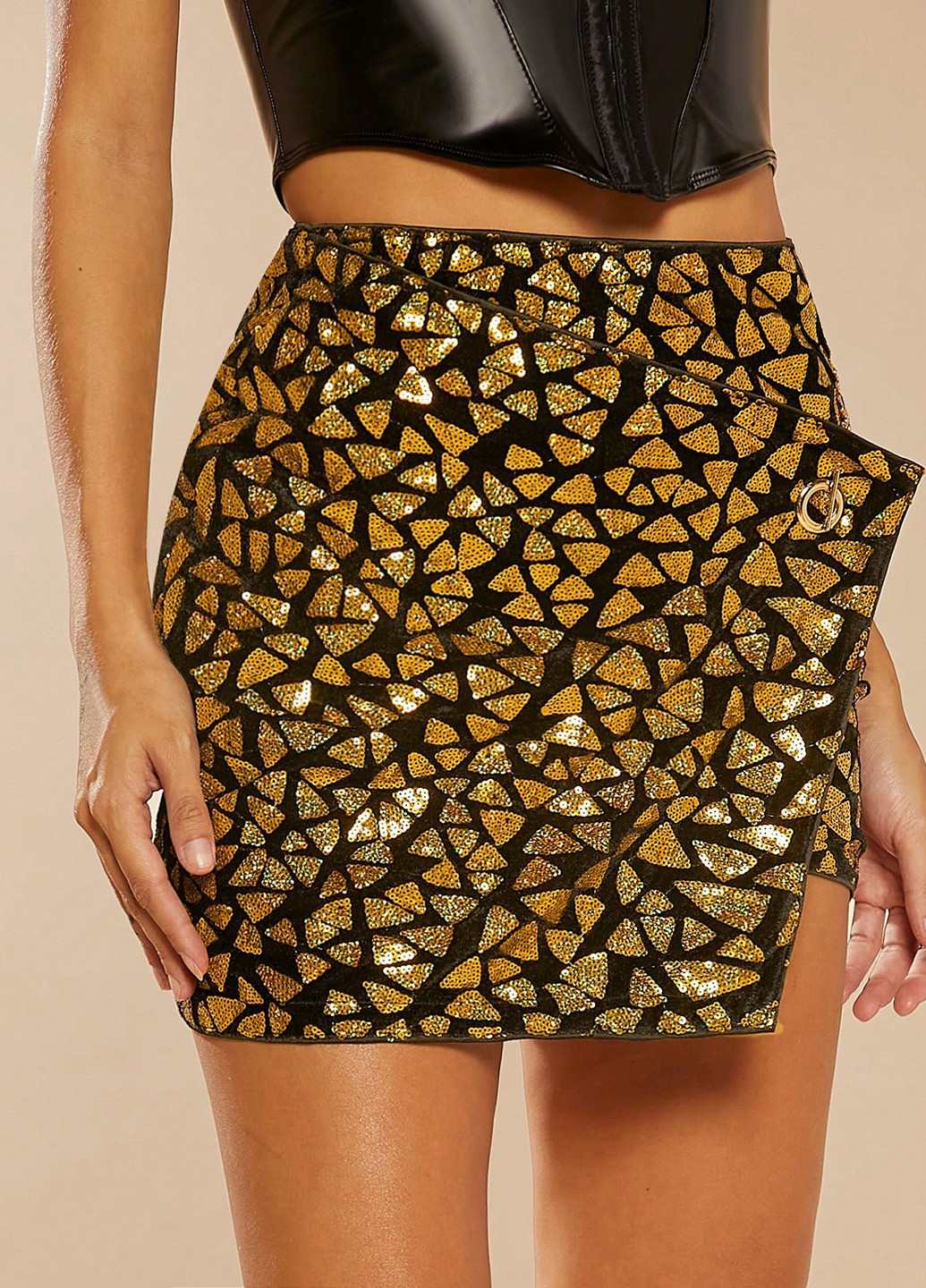 Золотая коктейльный, вечерний с геометрическим узором юбка SHEIN на запах