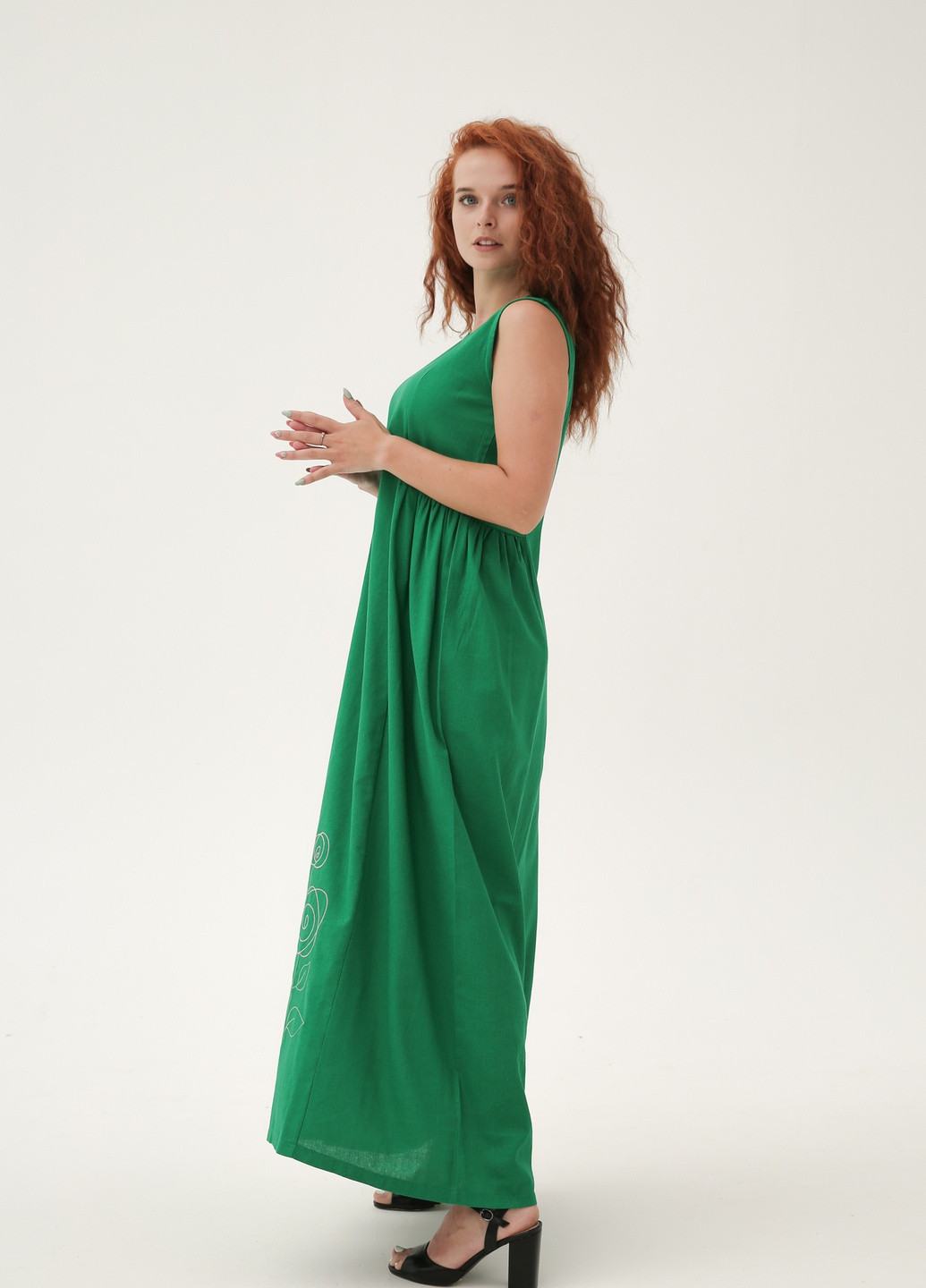 Зелена кежуал сукня лляна зі складанням по талії збоку INNOE однотонна