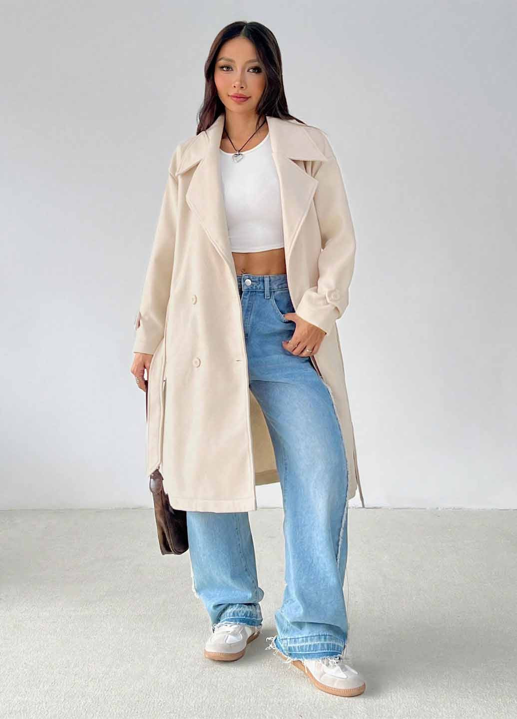 Светло-бежевое демисезонное Пальто двубортное SHEIN