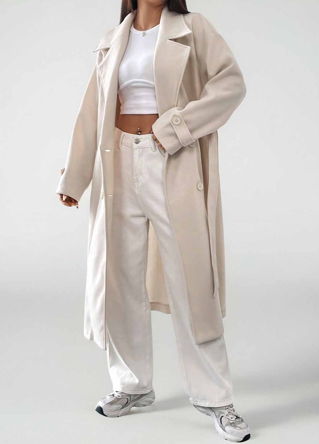 Светло-бежевое демисезонное Пальто двубортное SHEIN