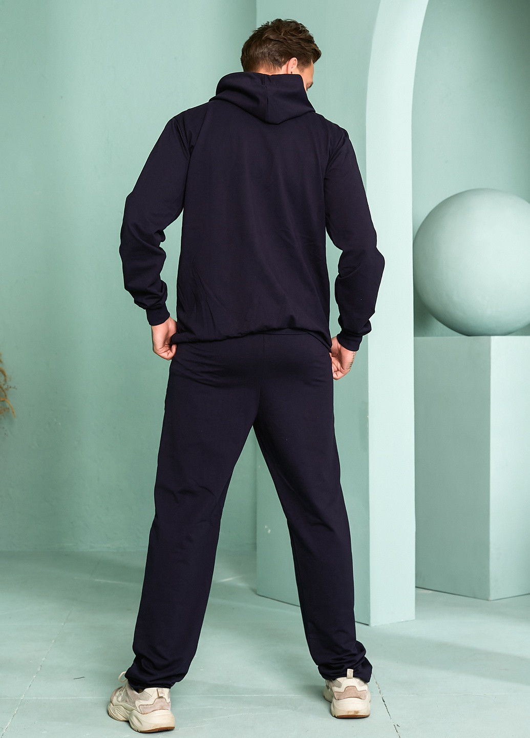 Темно-синій демісезонний трикотажний подовженний демісезонний спортивний костюм с капюшоном Tailer