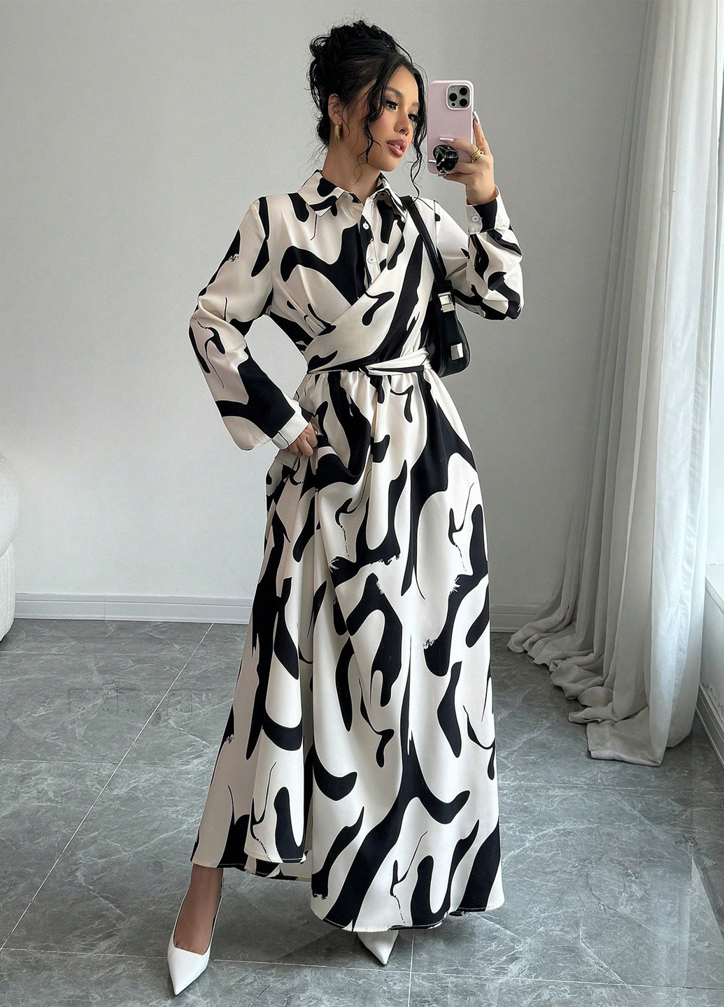 Кремова кежуал сукня кльош, сукня-сорочка SHEIN з абстрактним візерунком