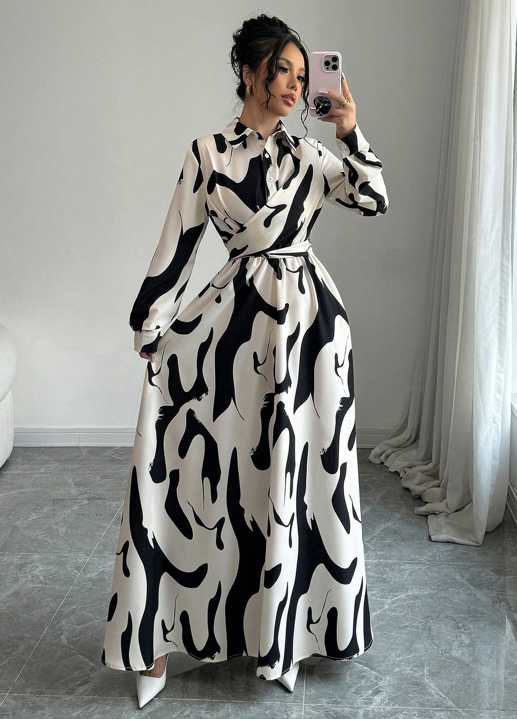 Кремова кежуал сукня кльош, сукня-сорочка SHEIN з абстрактним візерунком