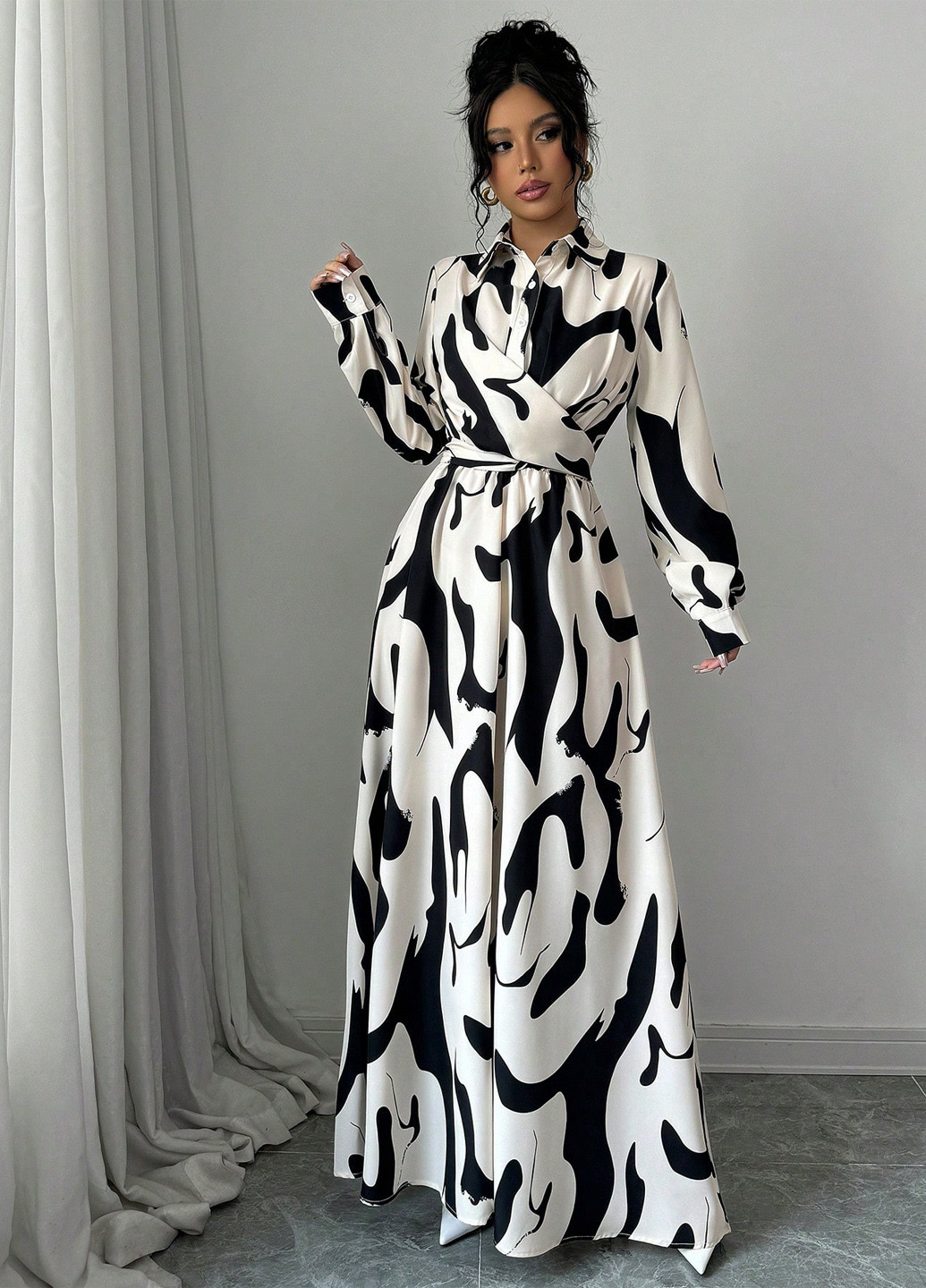 Кремова кежуал сукня кльош, сукня-сорочка SHEIN з абстрактним візерунком